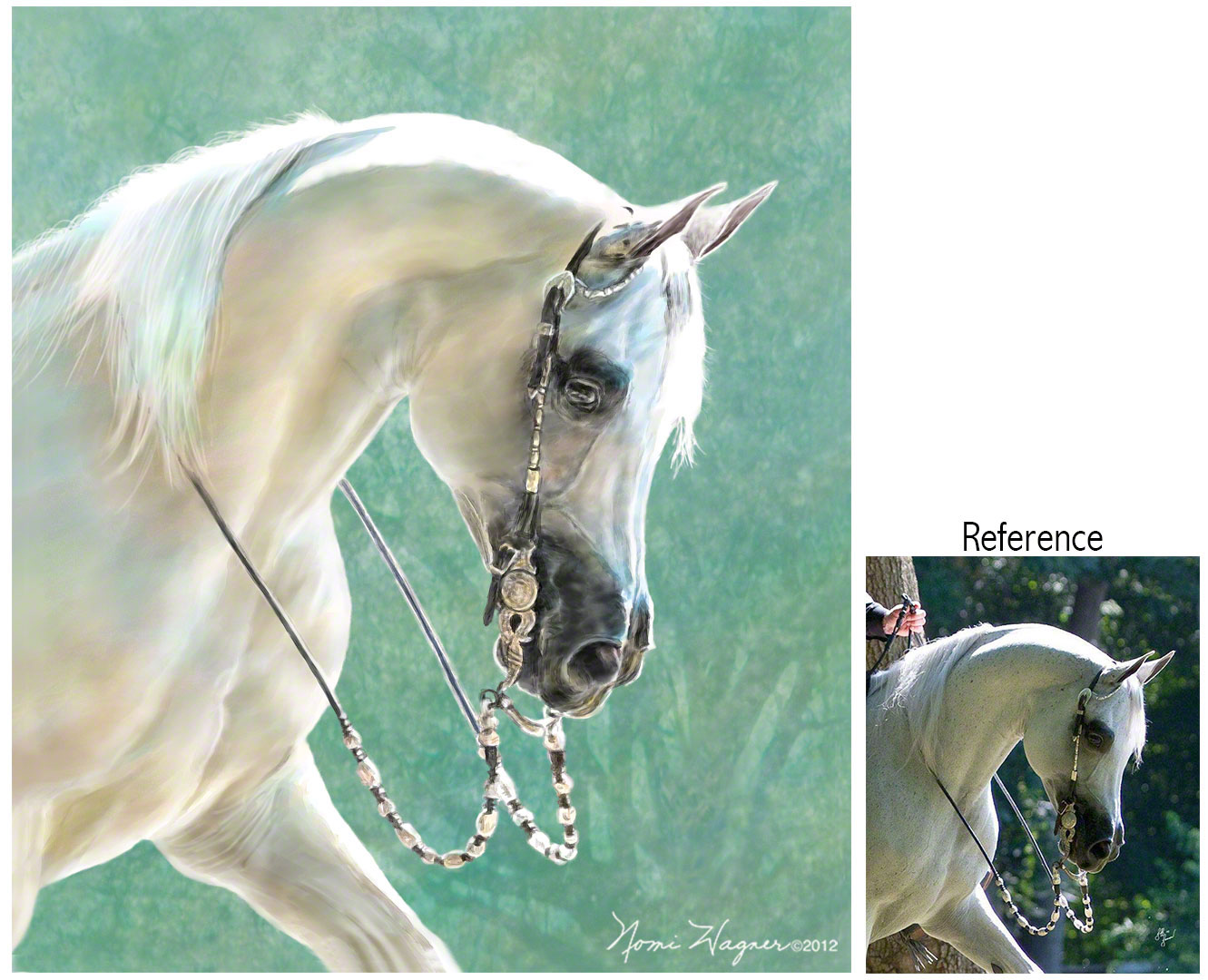 A portrait painting of a champion horse in watercolor, created by artist Nomi Wagner.
