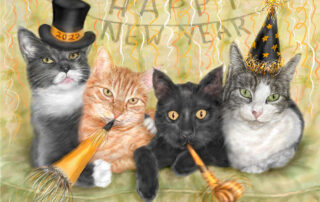 Nomi Wagner painted these 4 Party Animals for their very own Kool Kat New Year's Eve portrait. The kitties wear party hats and are cuddled up on a green sofa for their pose.