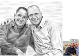 Nomi created a black&white portrait painting of two men from a photo she took at the beach.