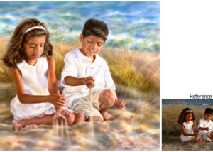 A sister and brother beach portrait of 2 children having fun playing in the sand, by portrait painter Nomi Wagner.