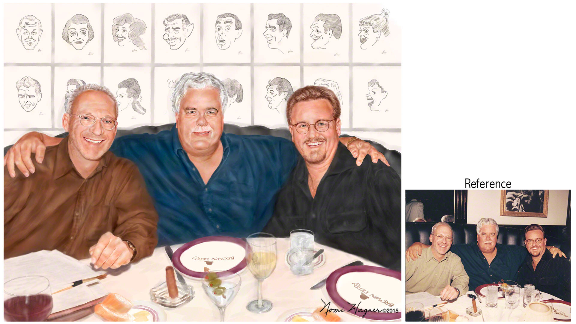 A custom portrait of business men having lunch at The Brown Derby, by Nomi Wagner, Portrait Artist.