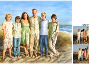 Artist Nomi Wagner creates a family portrait at the beach from her photographs of them standing with their arms around each other.