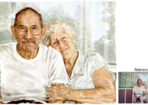 A portrait painting of beloved grandparents by Nomi Wagner. Nomi brings their photo to life in this tender portrait of a husband and wife relaxing on the front porch.