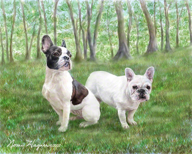 Two French bulldogs pose on the grass at their new Jersey home, for a commissioned painting by portrait artist, Nomi Wagner.