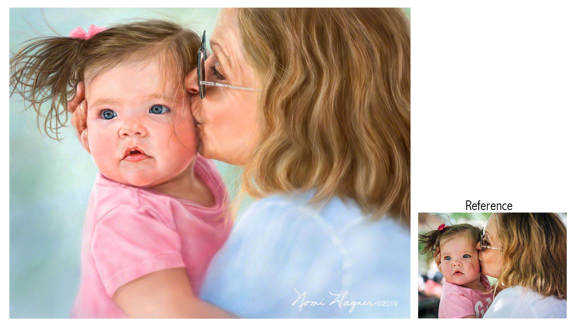 A watercolor portrait of a loving grandmother and her adorable baby granddaughter, by artist Nomi Wagner.