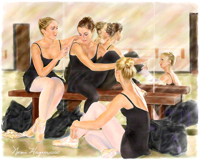 Three Canton, Ohio ballerinas relax after class, in this commissioned painting.