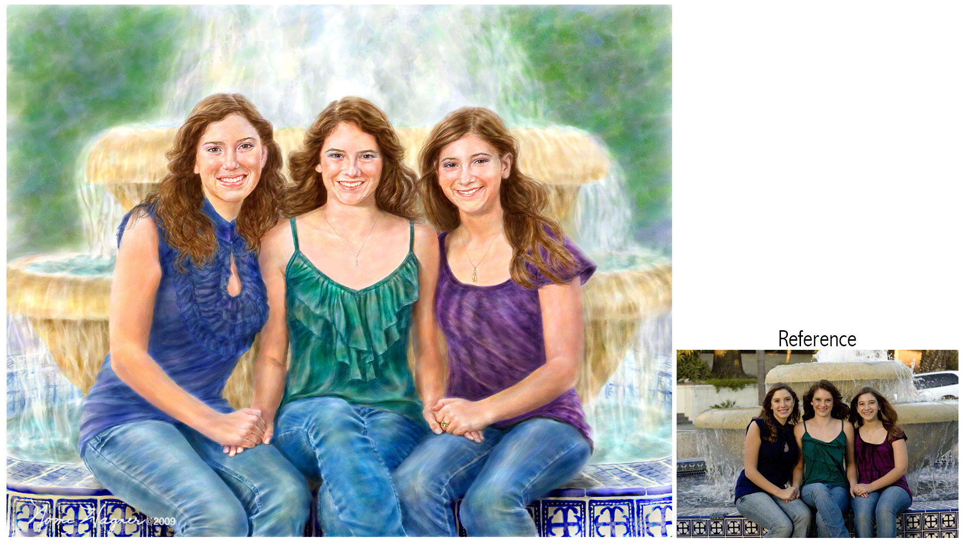 Nomi Wagner's custom portrait painting of three teenage sisters sitting in front of a fountain in Ventura, CA.