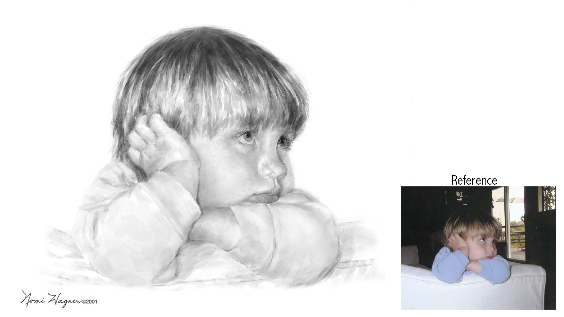 Black and white close~up custom portrait painting, by artist Nomi Wagner, of a little boy with his head cradled in his arms.