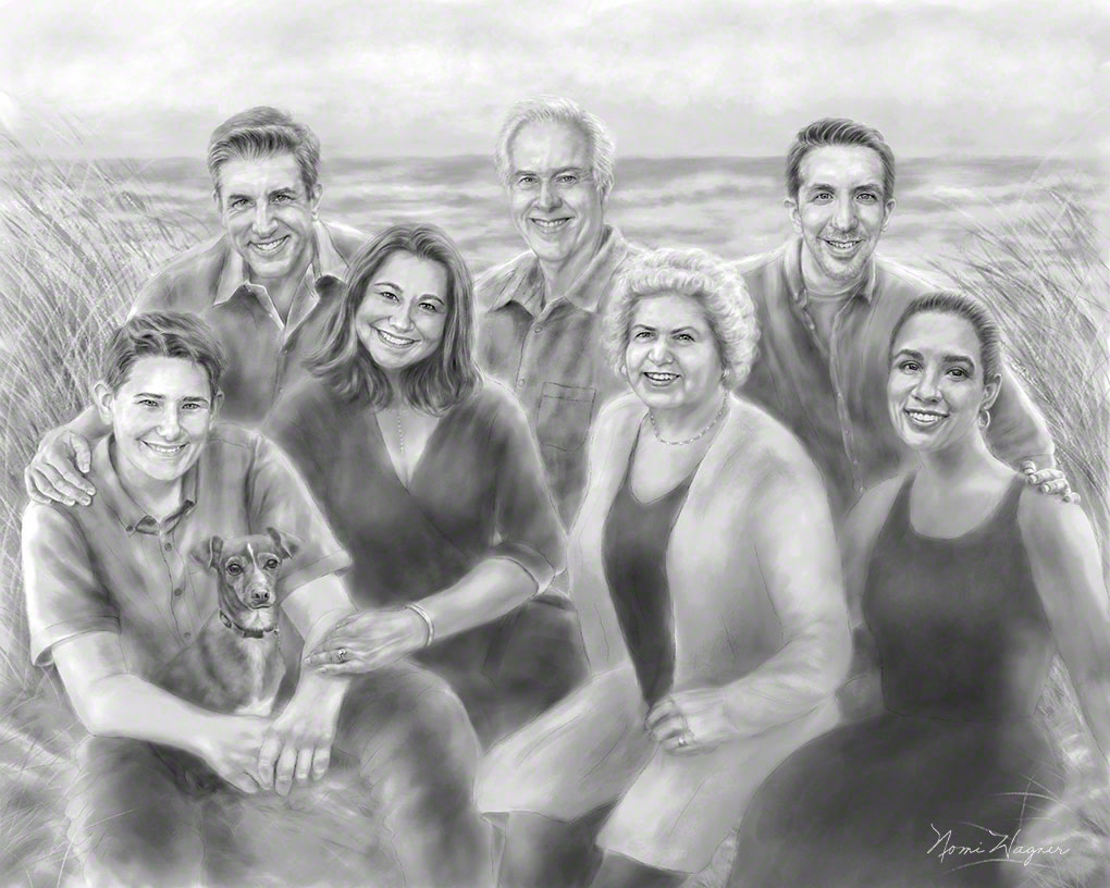 Black and white portrait painting by Nomi Wagner of a family at the Jersey Shore.