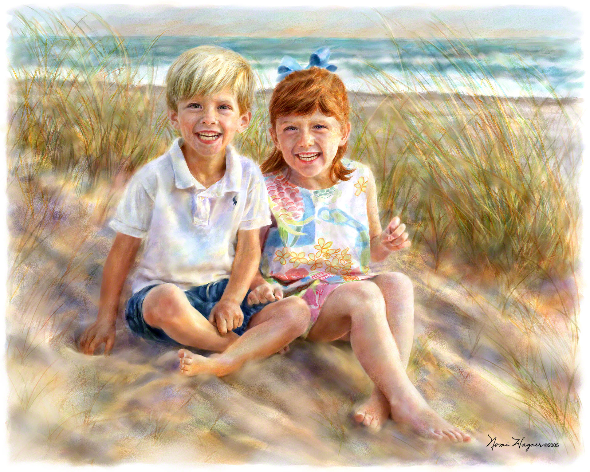 Nomi Wagner's portrait painting of a young brother and sister sitting and laughing on the dunes at Mandalay Beach, CA.