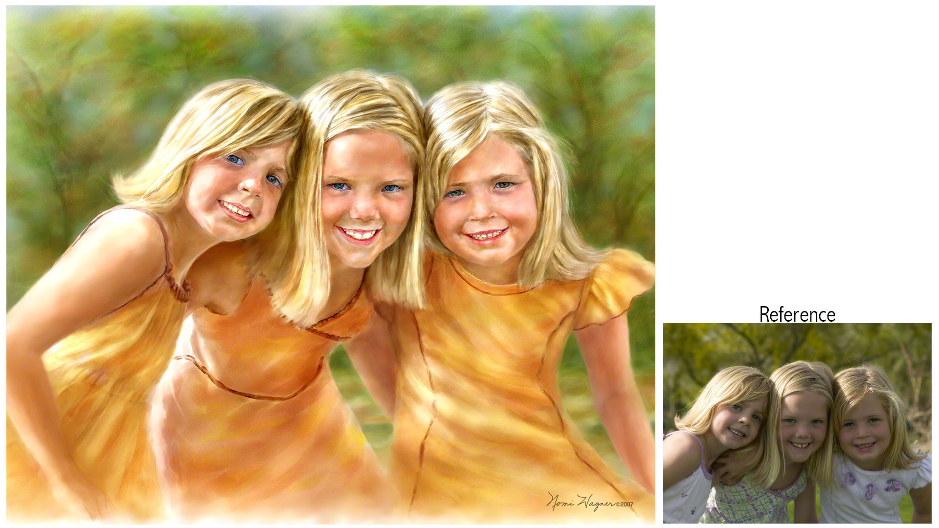 Three young blond sisters in yellow dresses lean in as they smile in a custom portrait painting from a photo.