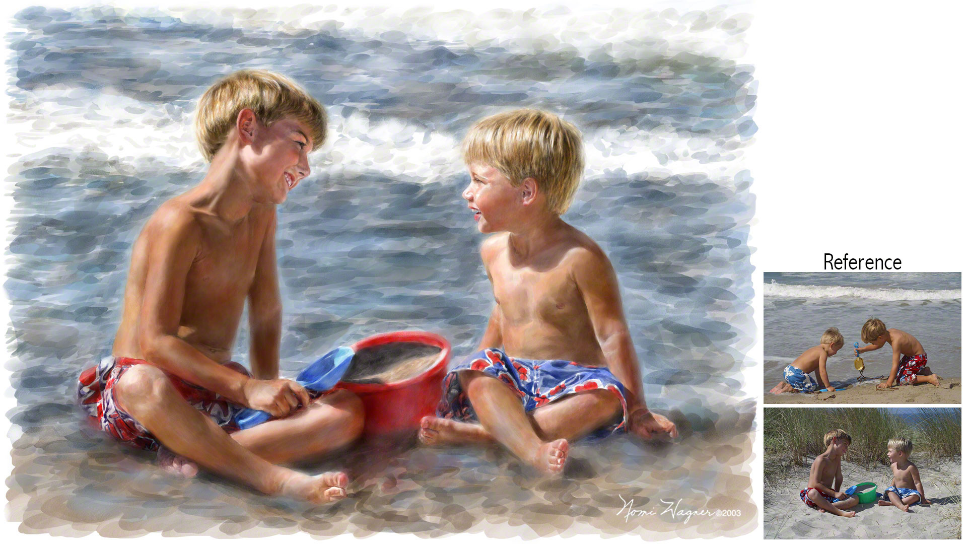 Custom painting by Nomi Wagner of two little boys sitting cross-legged in the surf and smiling at each other.