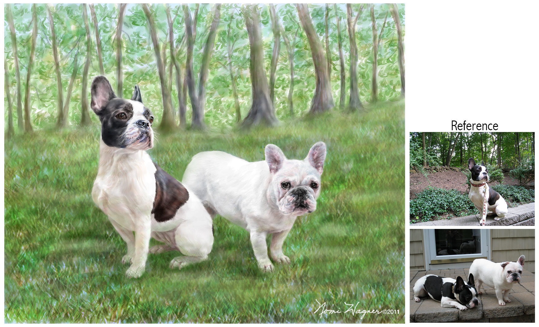 Two French bulldogs pose on the grass at their new Jersey home, for a painting by artist, Nomi Wagner.