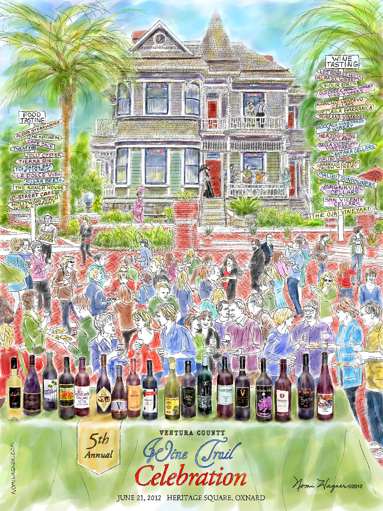 Poster by artist, Nomi Wagner, of Ventura Wine Trail Celebration at Heritage Square in Oxnard, CA.