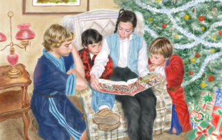 A mother in Ohio reads "The Night Before Christmas" book to her three boys in front of their Christmas tree, in this commissioned custom portrait painting by portrait artist, Nomi Wagner.