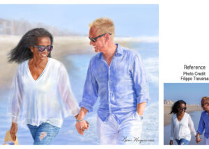 A couple walks hand in hand at the beach in a painting by portrait artist, Nomi wagner